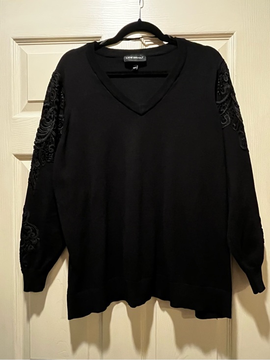 Lane Bryant Sweaters - Lane Bryant Black V-Neck Sweater with Embroidered Sleeve Accents